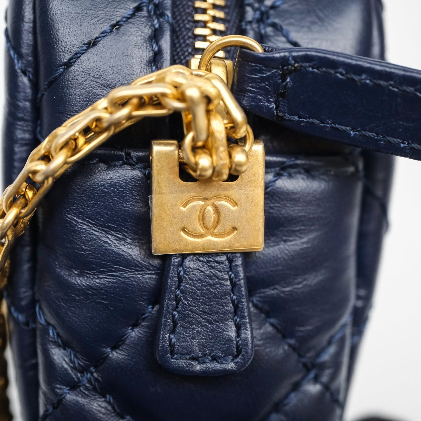 Chanel Quilted Mini Reissue Camera Case Navy Aged Calfskin Aged Gold Hardware