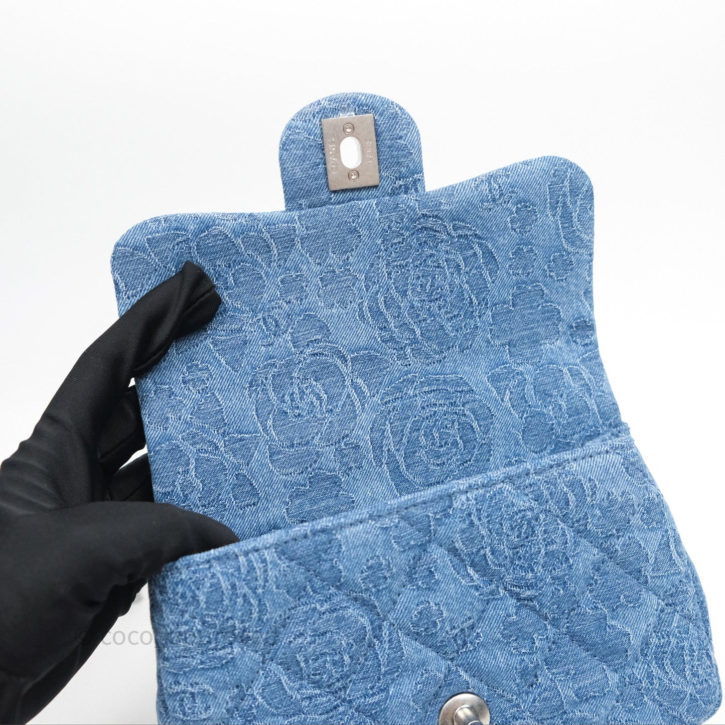 Chanel Quilted Camellia Printed Heart Crush Mini Flap Bag Blue Denim Aged Silver Hardware