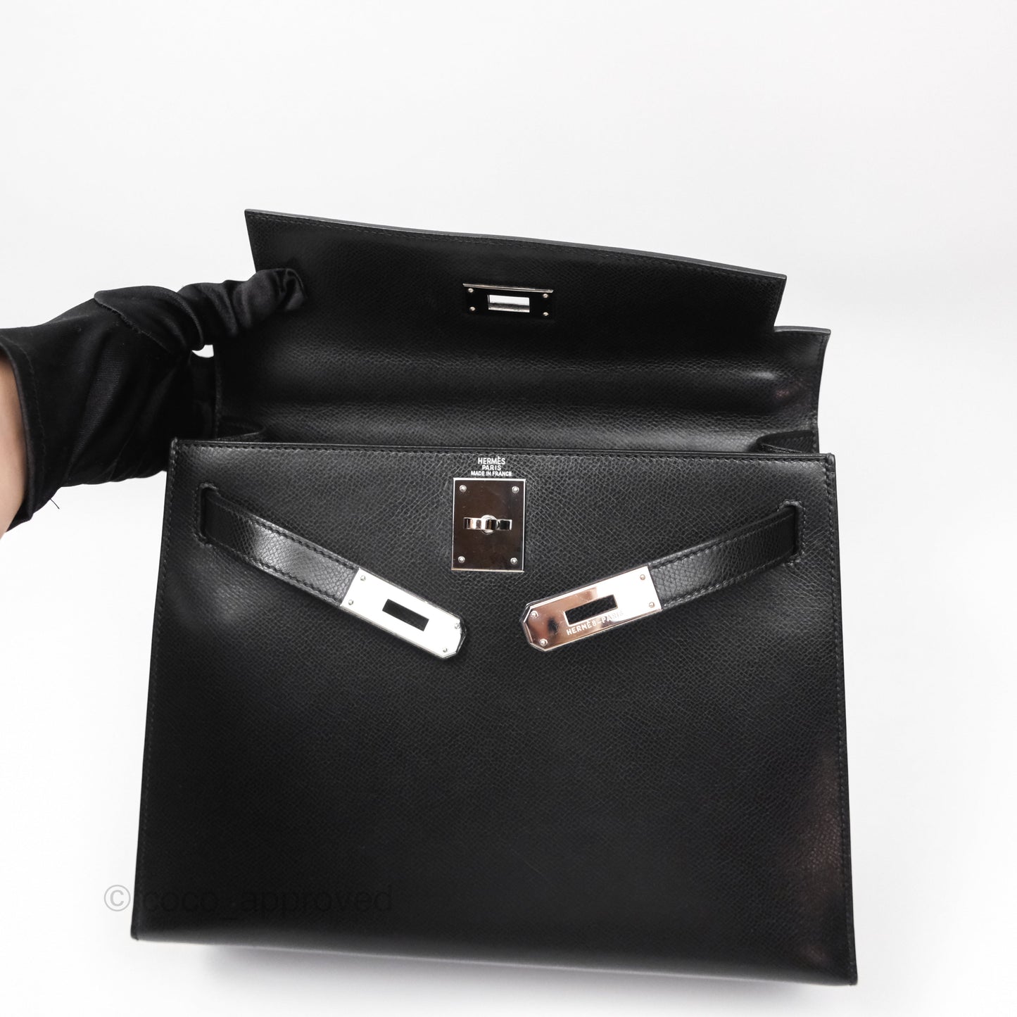 Hermès Vintage Kelly 28 Sellier Noir 89 Courchevel Palladium Hardware
