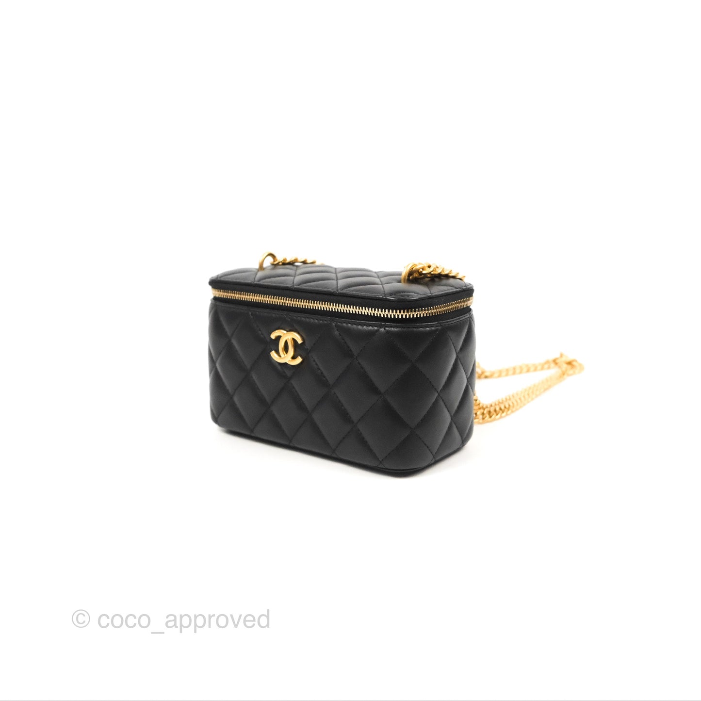 Chanel Quilted Vanity Rectangular with Camellia Adjustable Chain Black Lambskin 23S