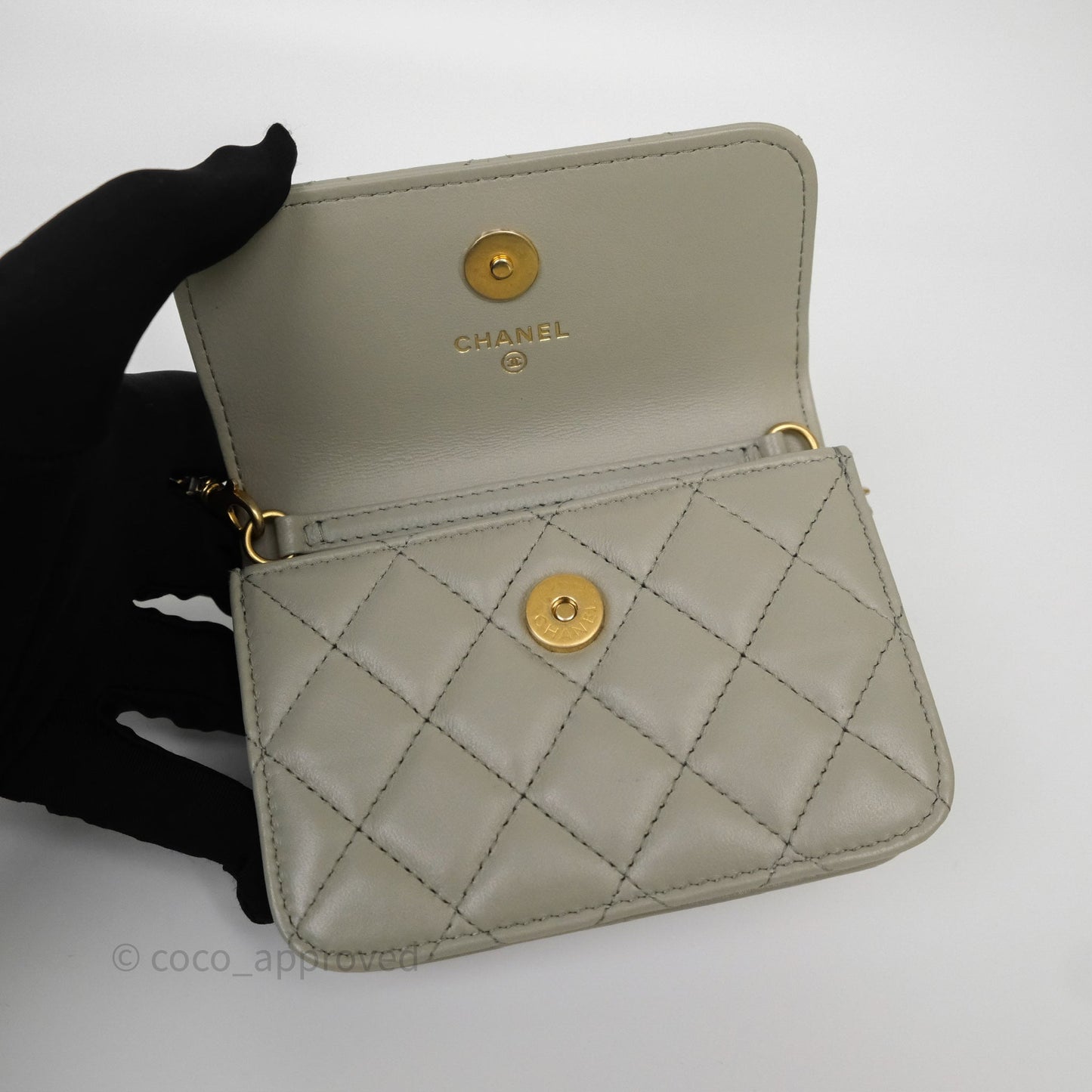 Chanel Pearl Crush Mini Clutch Belt Bag Grey Lambskin Aged Gold Hardware