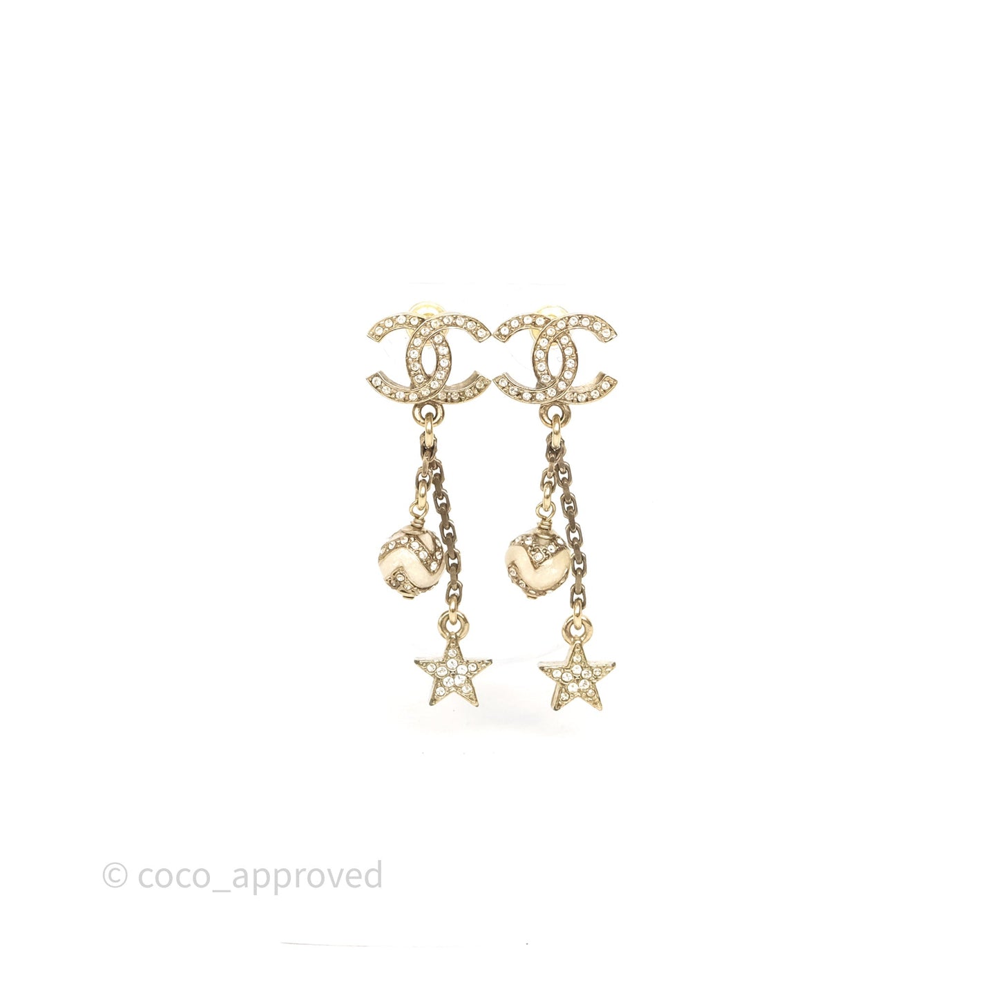 Chanel Crystal Star CC Drop Earrings Gold Tone 23K