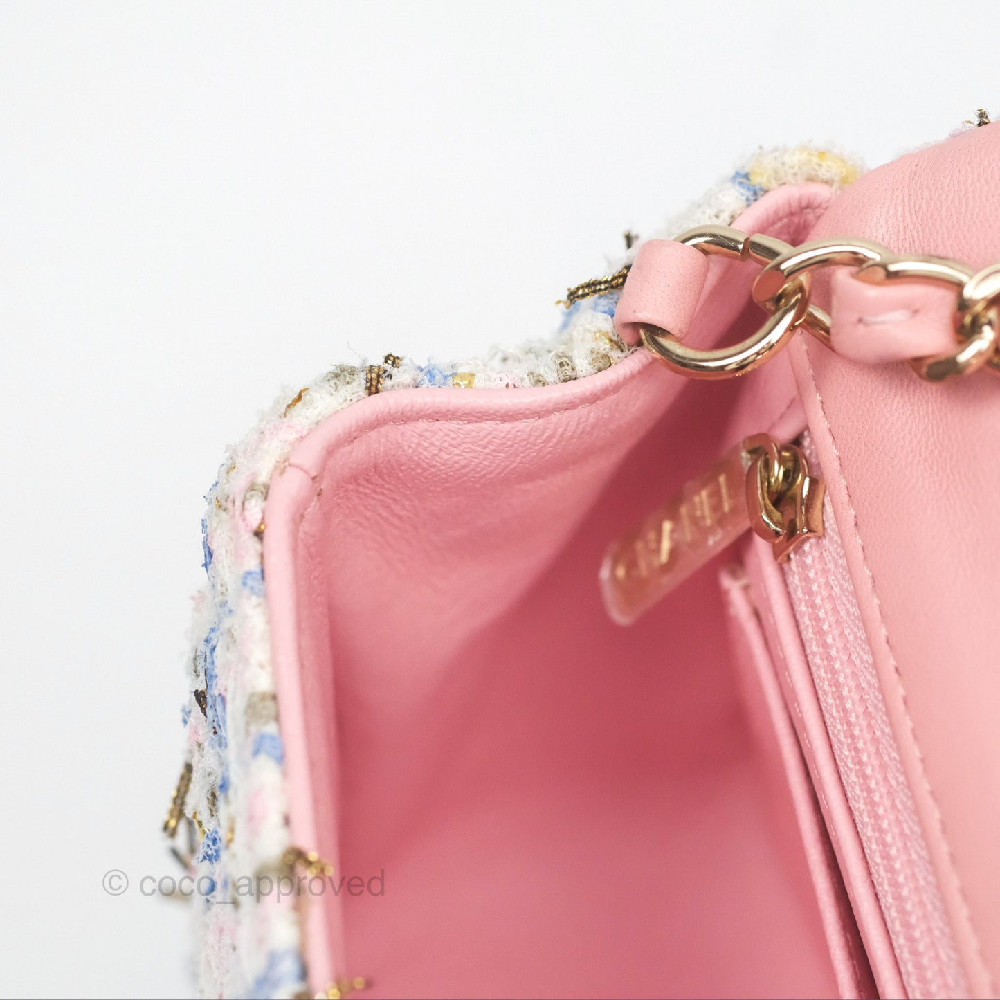 Chanel Mini Rectangular Flap Pink/ Blue/ Gold Tweed Gold Hardware