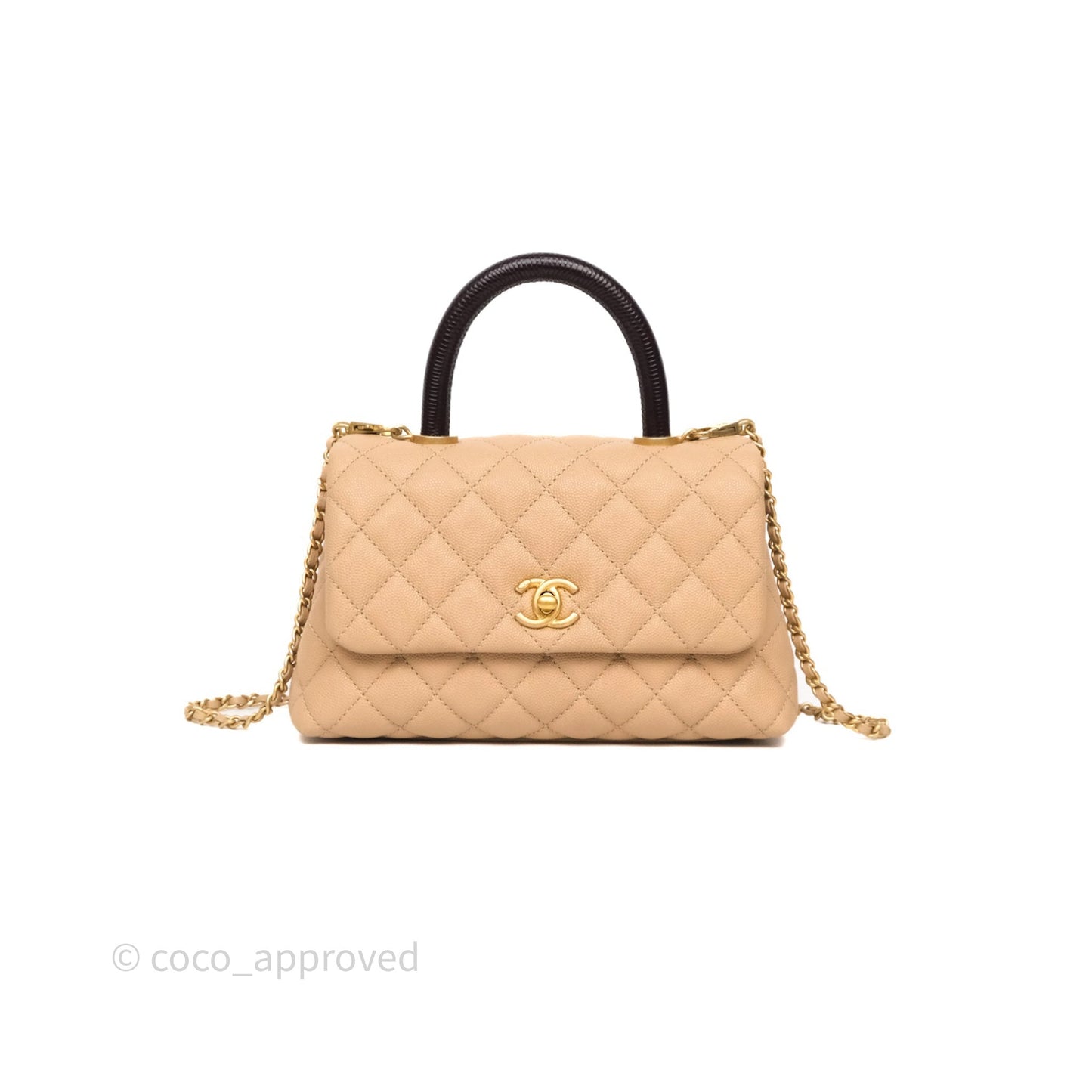 Chanel Small Coco Handle Quilted Beige Caviar Gold Hardware Lizard Handle