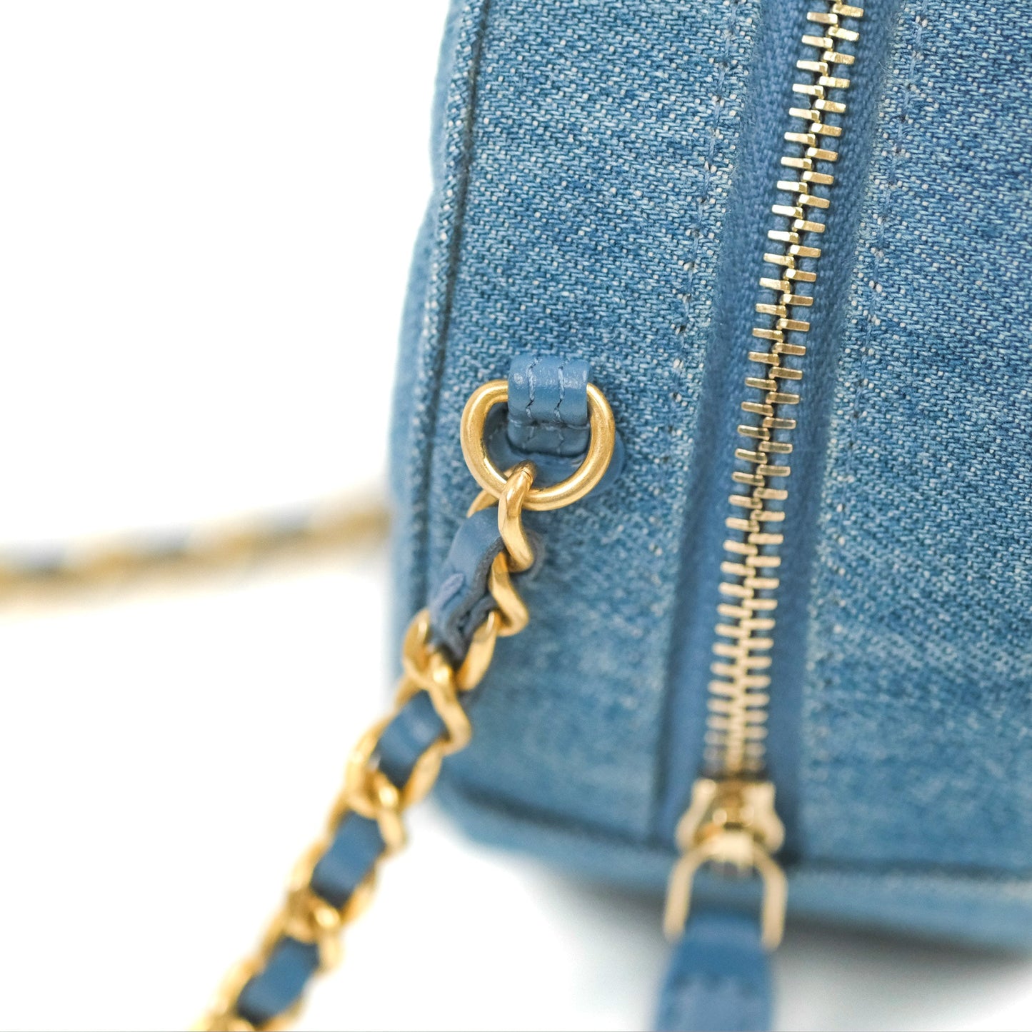 Chanel Quilted Pearl Crush Round Clutch With Chain Denim Aged Gold Hardware