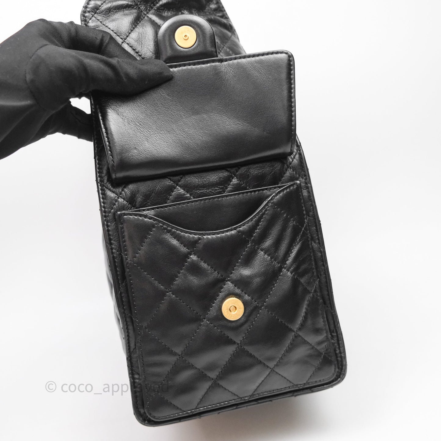 Chanel 25 Medium Black Crumpled Calfskin Aged Gold Hardware