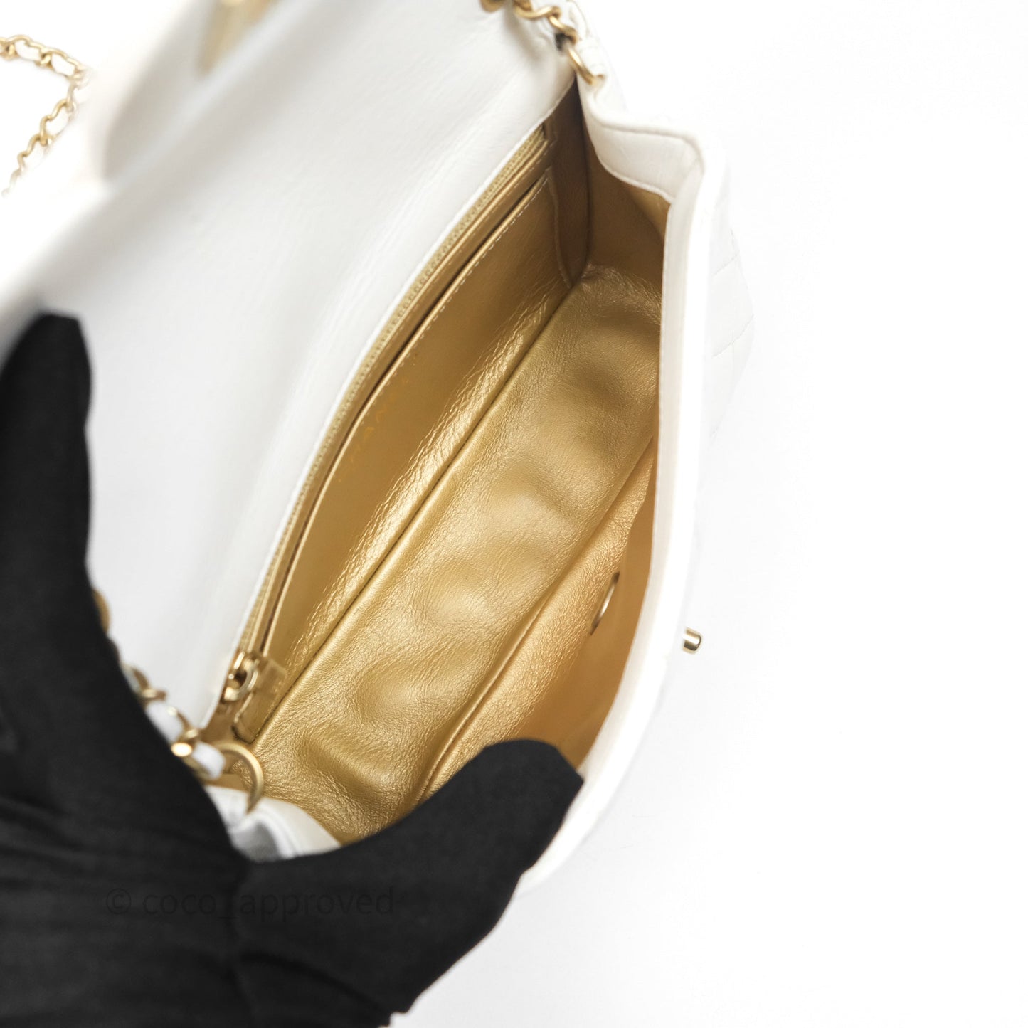 Chanel Mini Rectangular Pearl Crush Quilted White Lambskin Aged Gold Hardware