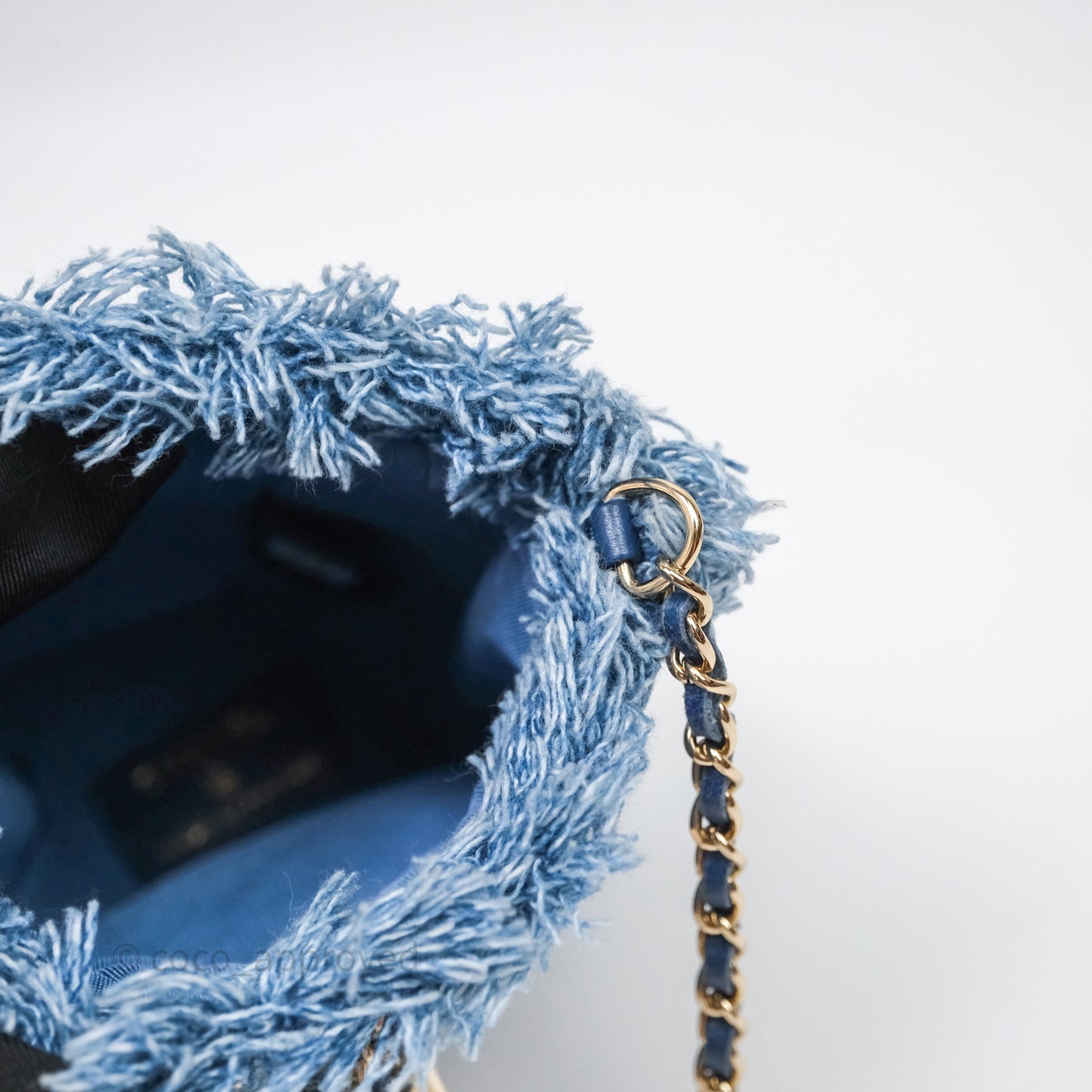 Chanel Mood Denim Mini Bucket Bag with Chain Blue Gold Hardware