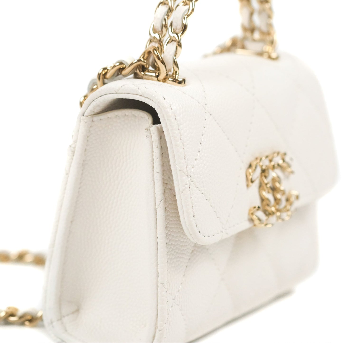 Chanel Mini Top Handle Clutch with Chain White Caviar Light Gold Hardware 23P