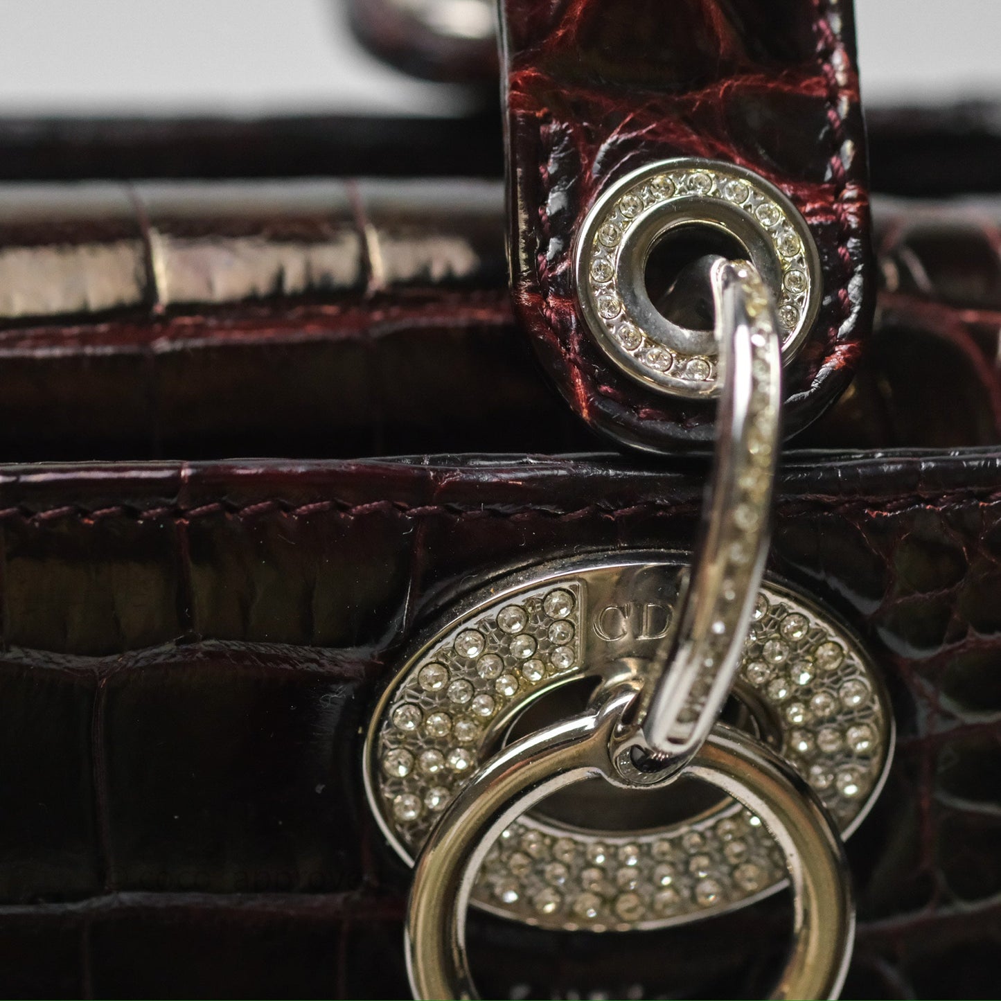 Christian Dior Small Lady Dior Shiny Crocodile Burgundy Diamond Hardware