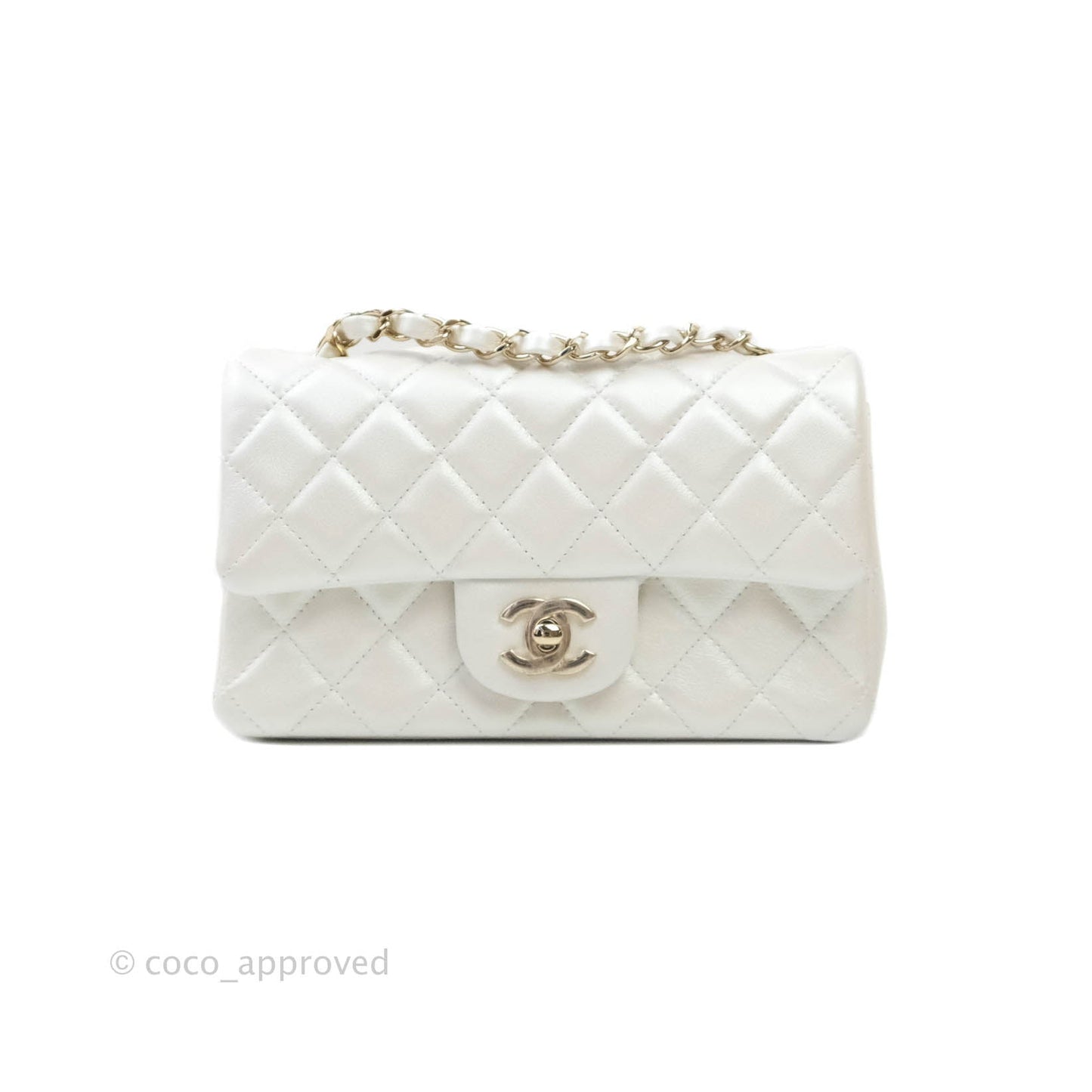 Chanel Quilted Mini Rectangular Iridescent White Lambskin Gold Hardware