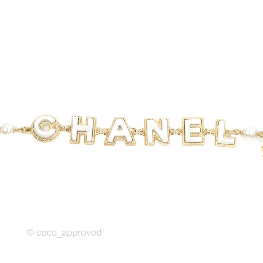 Chanel Logo Pearl Choker Gold Tone 19P
