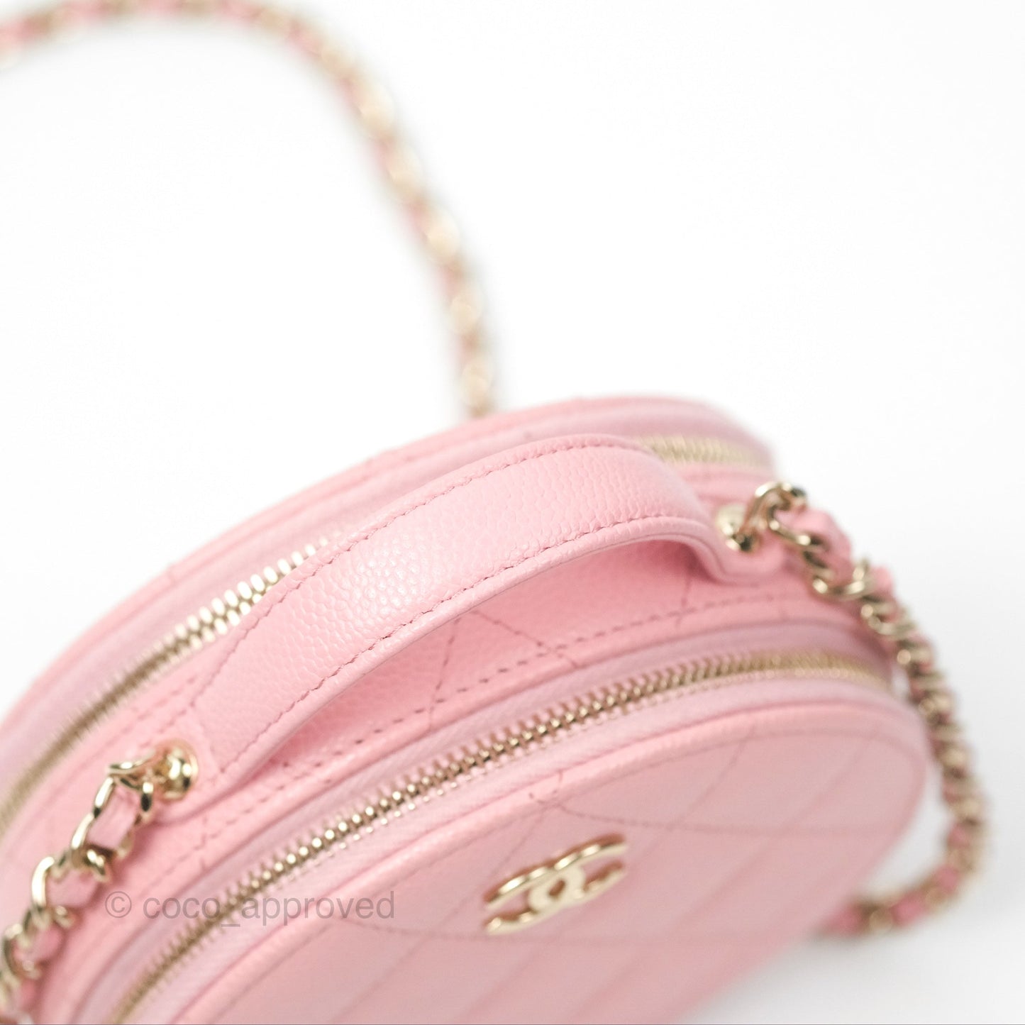 Chanel Mini Round Vanity Bag Handle With Care Pink Caviar 22C