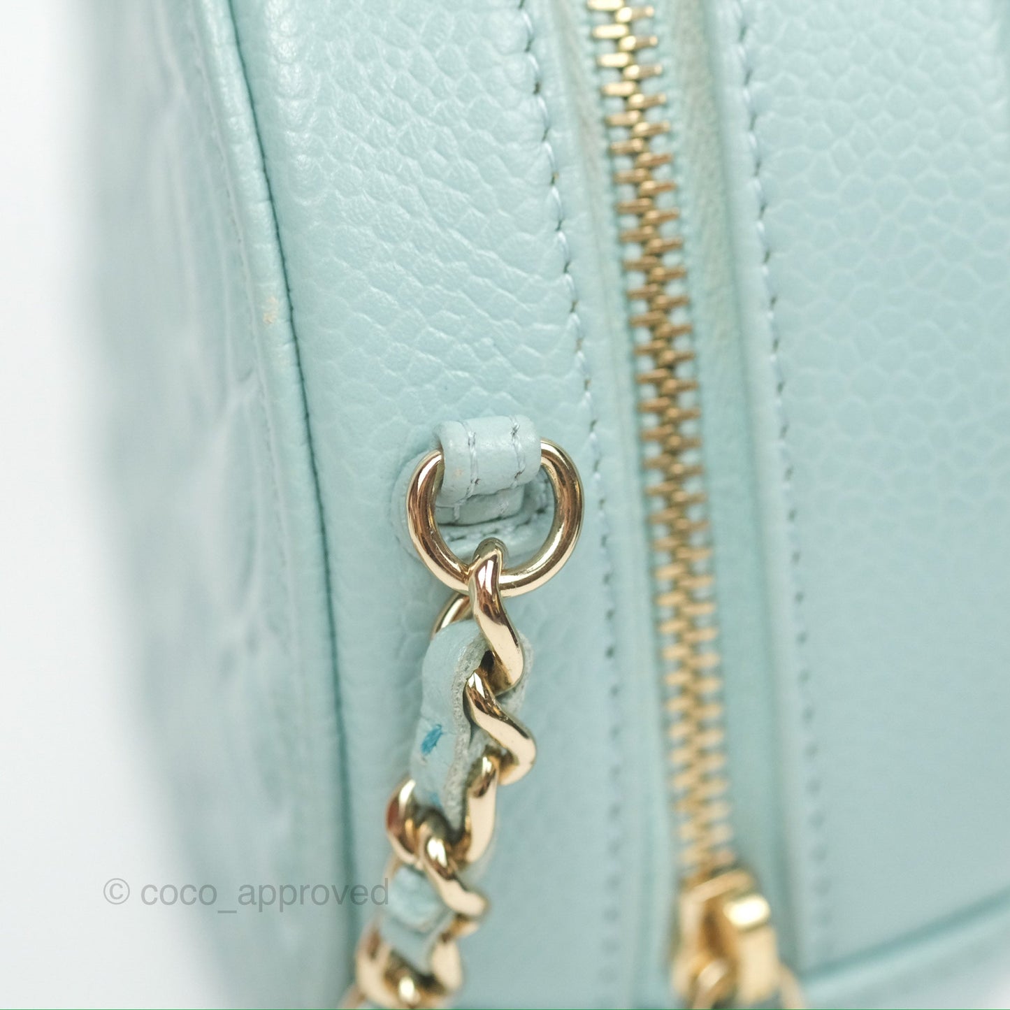 Chanel Camellia Embossed Round Clutch With Chain Light Tiffany Blue Caviar