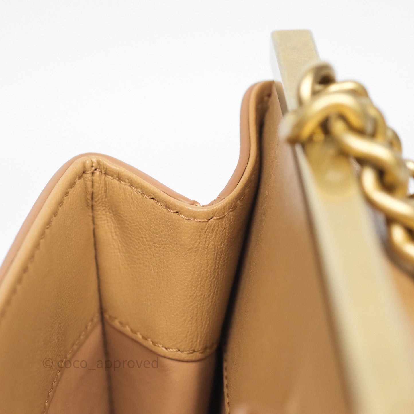 Chanel Small Coco Luxe Flap Bag Caramel Beige Calfskin Aged Gold Hardware