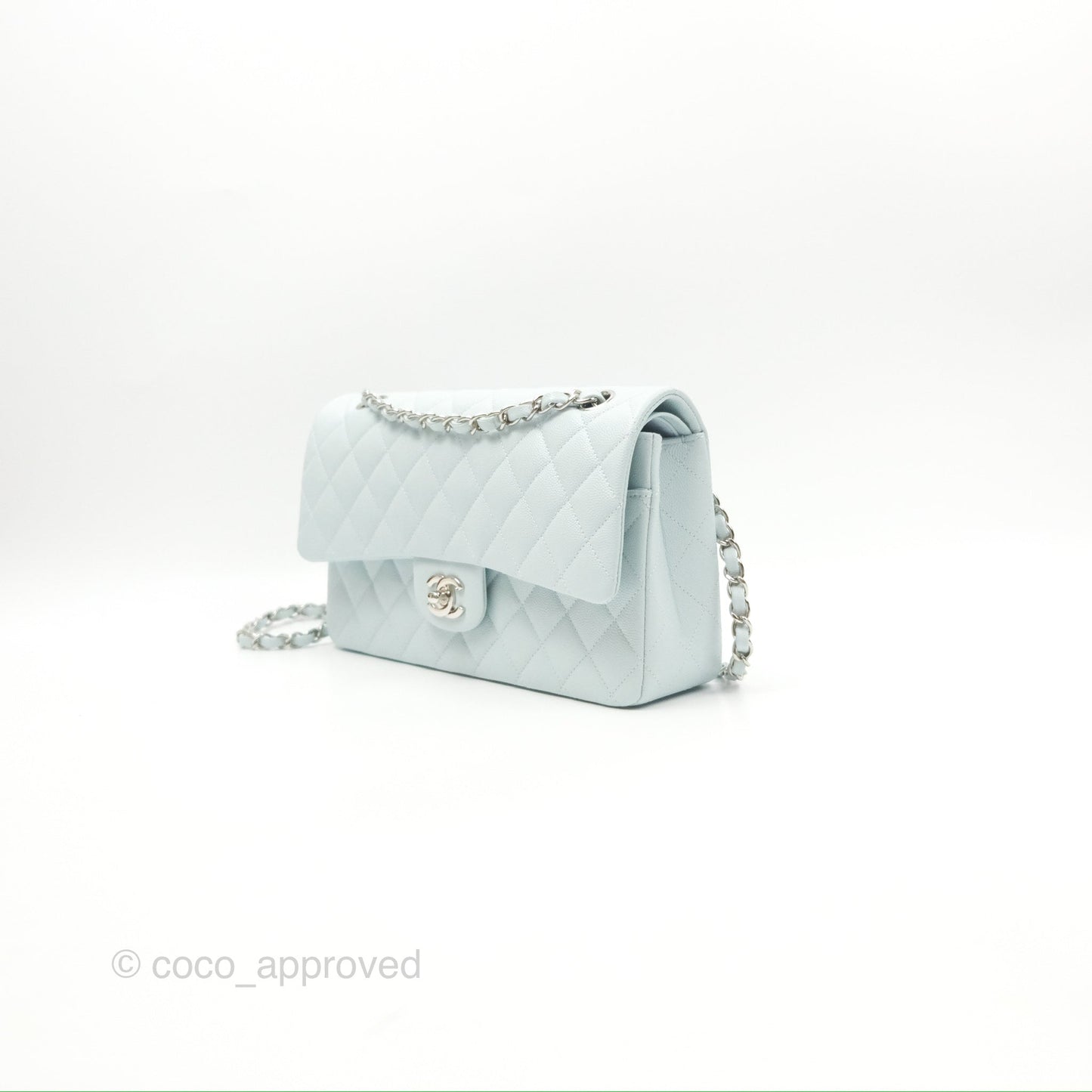 Chanel Medium Classic Flap Quilted Pale Blue Caviar Silver Hardware