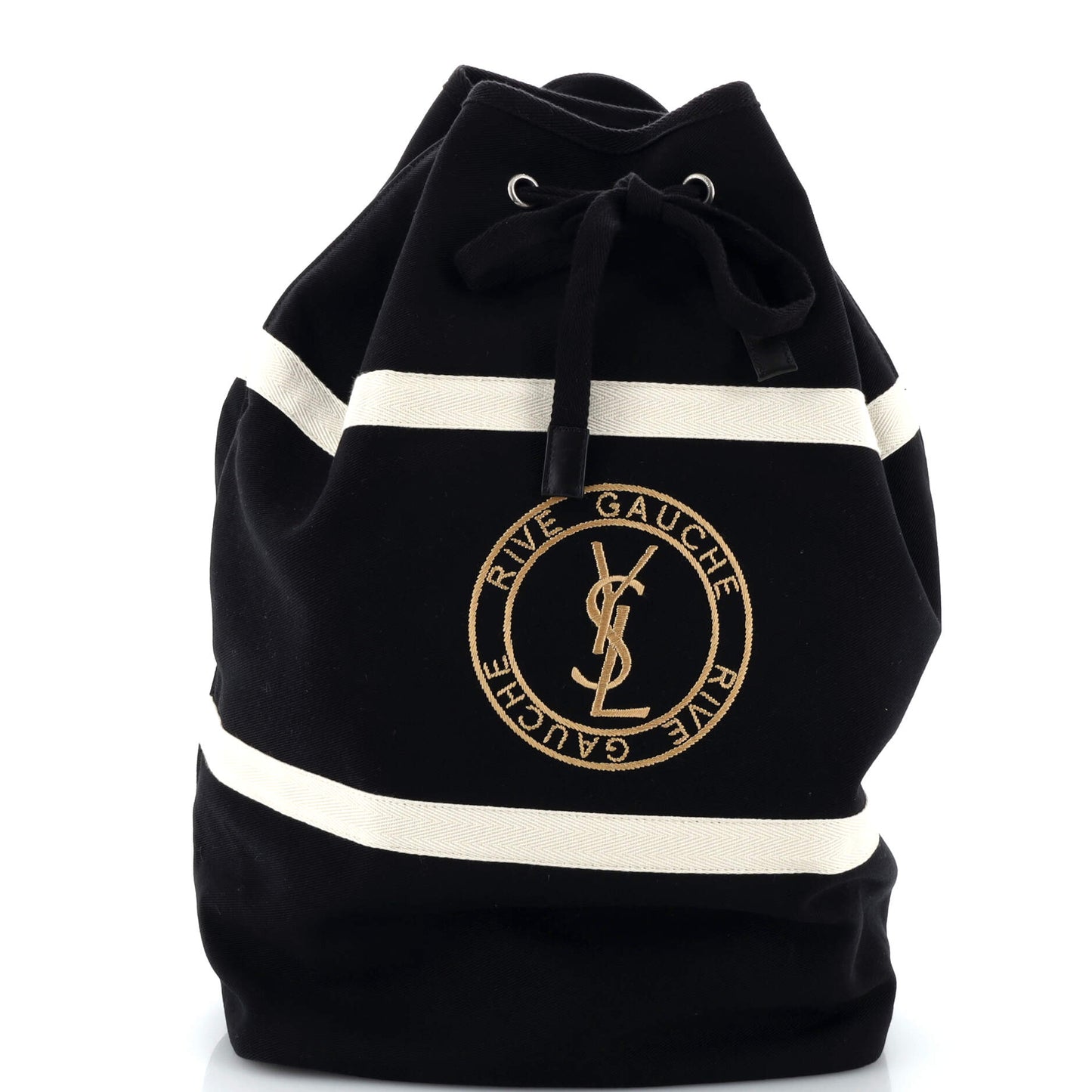 Luxury Saint Laurent Rive Gauche Drawstring Sling Bag Embroidered Canvas