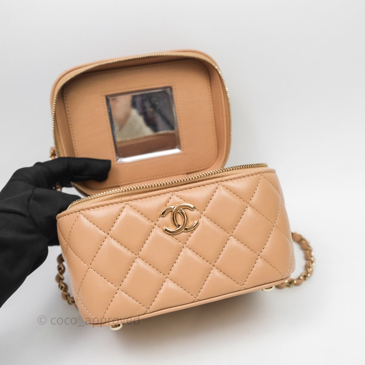 Chanel Top Handle Vanity With Chain Beige Lambskin Aged Gold Hardware
