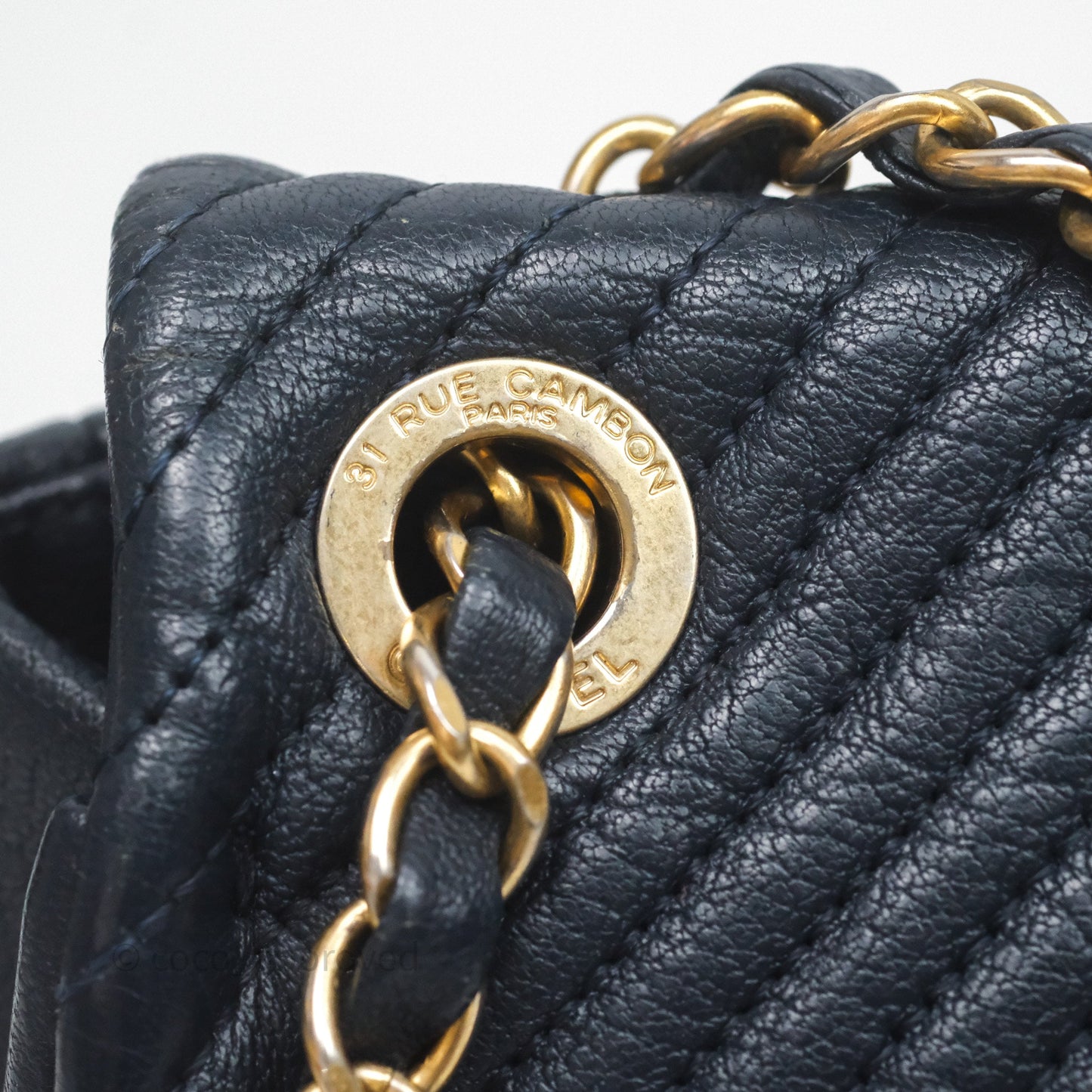 Chanel Medium Chevron Surpique Flap Navy Calfskin Aged Gold Hardware