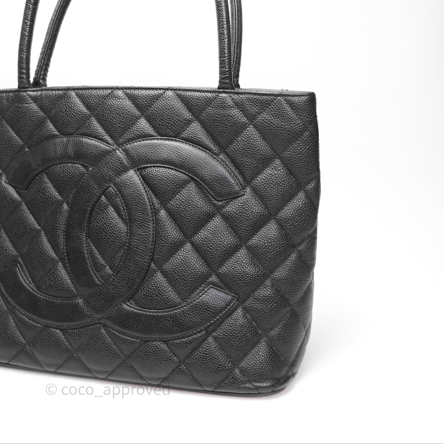 Chanel Vintage Medallion CC Black Caviar Tote Bag Gold Hardware