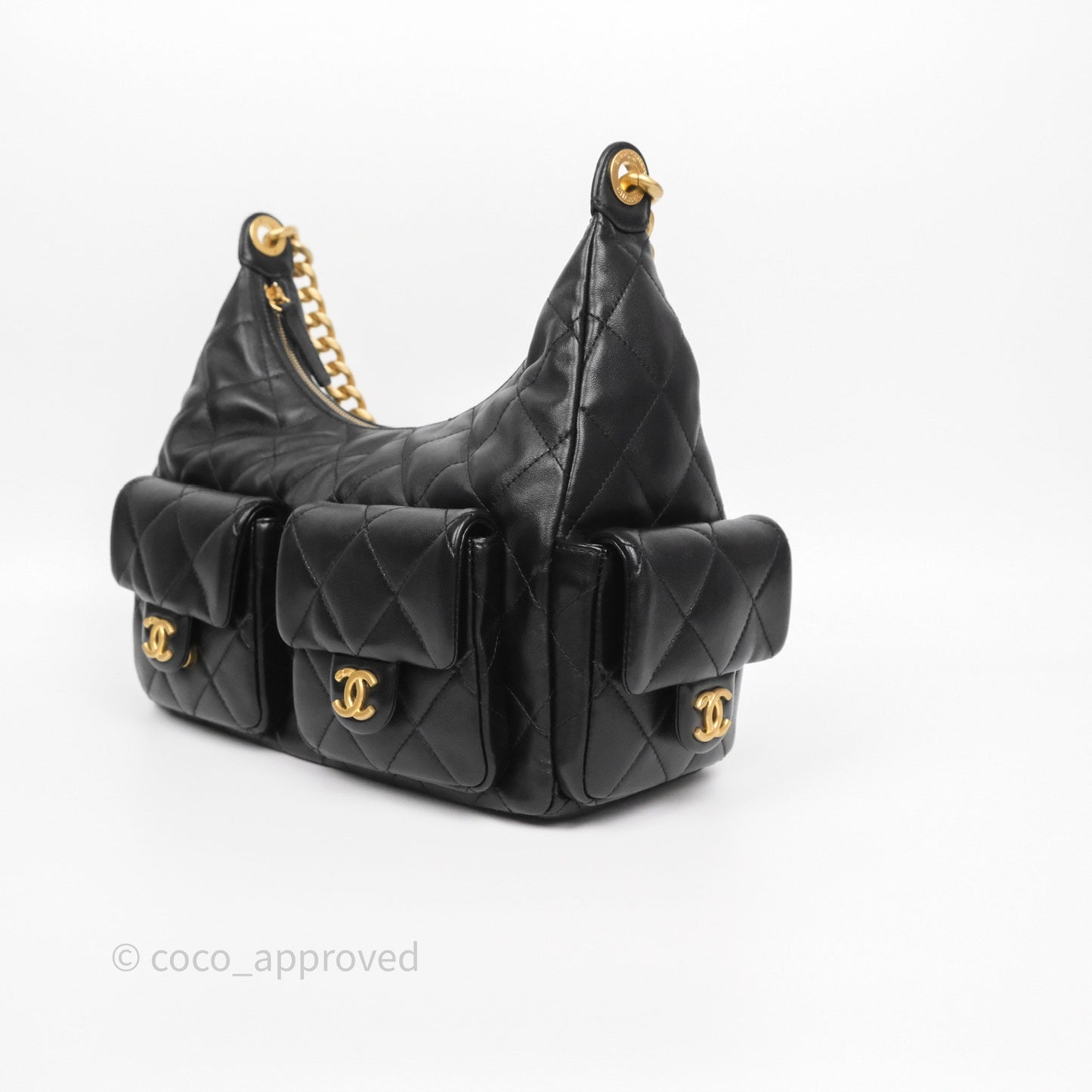 Chanel Quilted Large Trendy Double Pocket Hobo Black Lambskin Gold Hardware