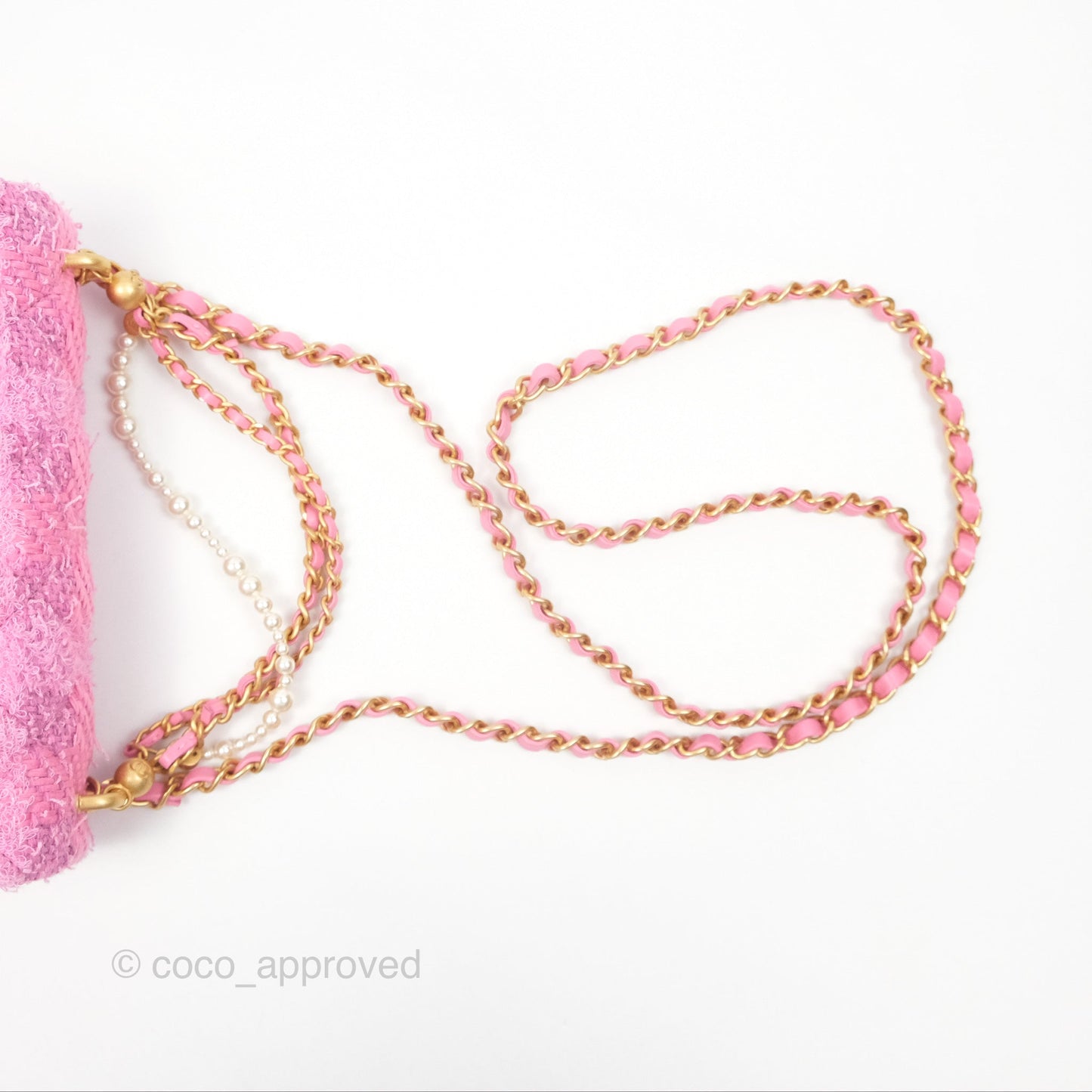 Chanel Mini Flap Bag with Pearl Chain Pink Tweed Aged Gold Hardware