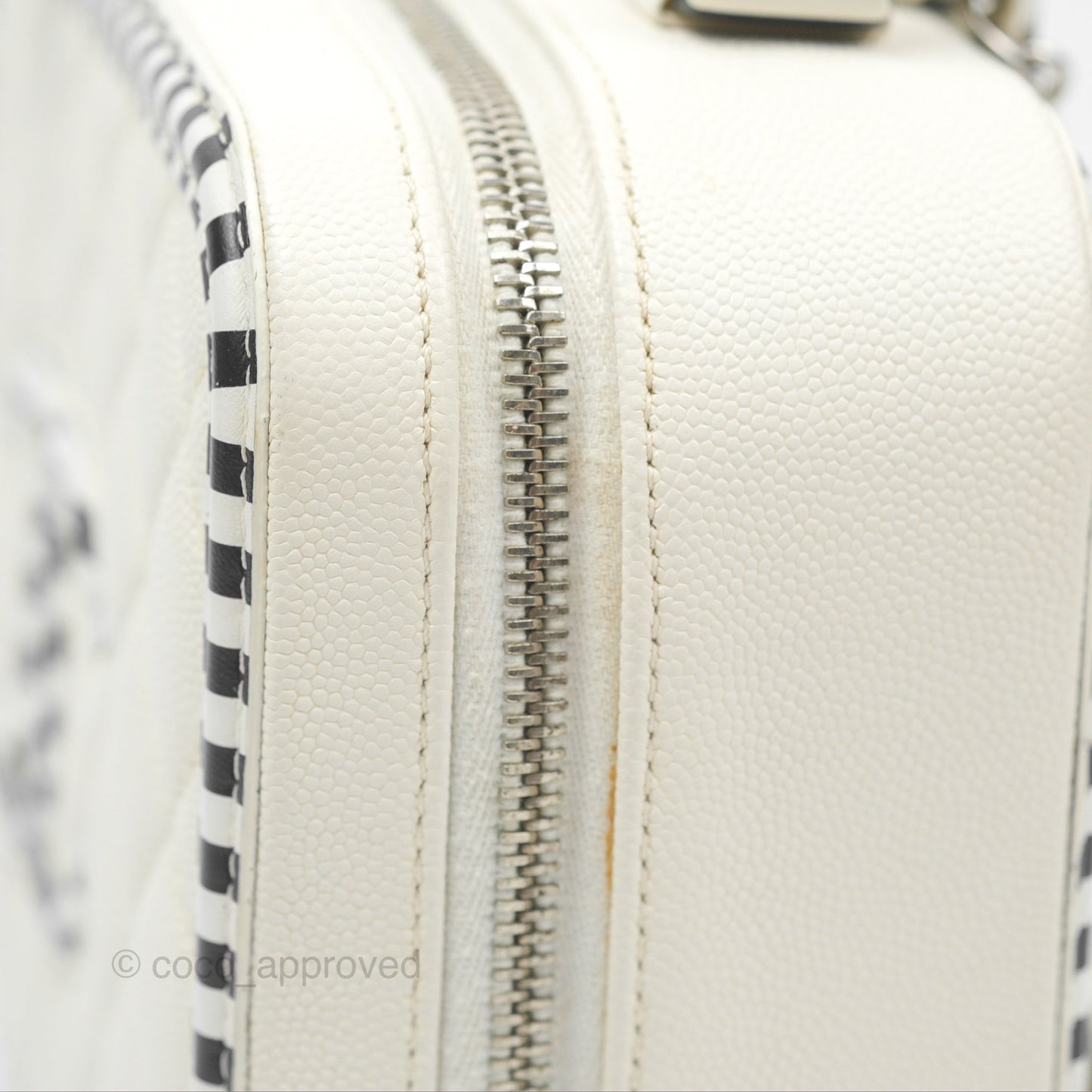 Chanel Quilted Medium CC Filigree Vanity Case White Black Stripe Caviar Silver Hardware