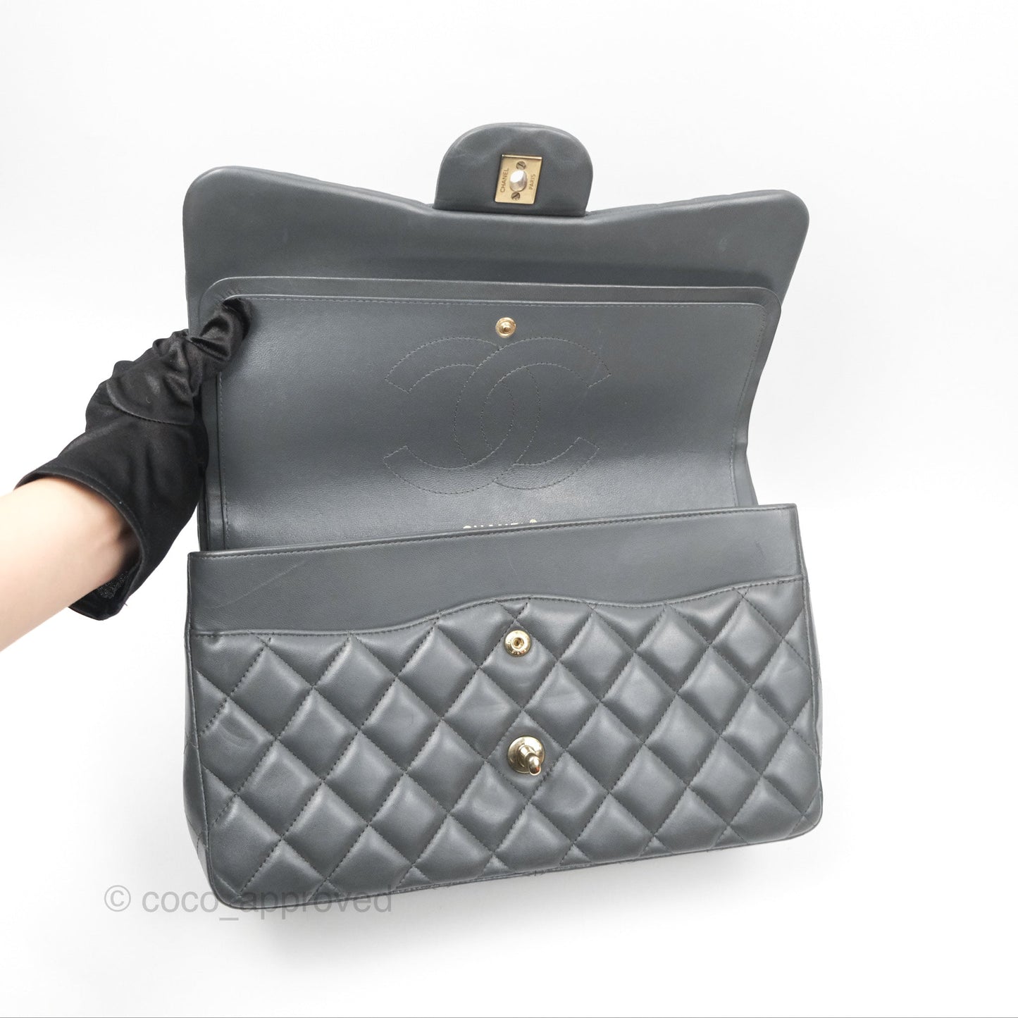 Chanel Jumbo Double Flap Dark Grey Lambskin Brushed Gold Hardware⁣⁣