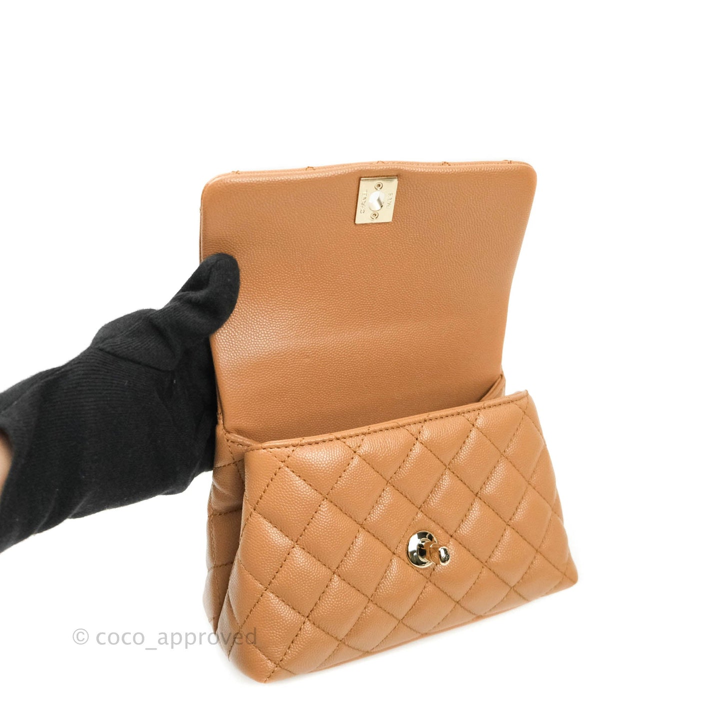 Chanel Quilted Extra Mini Coco Handle Dark Beige Caviar Gold Hardware 21P