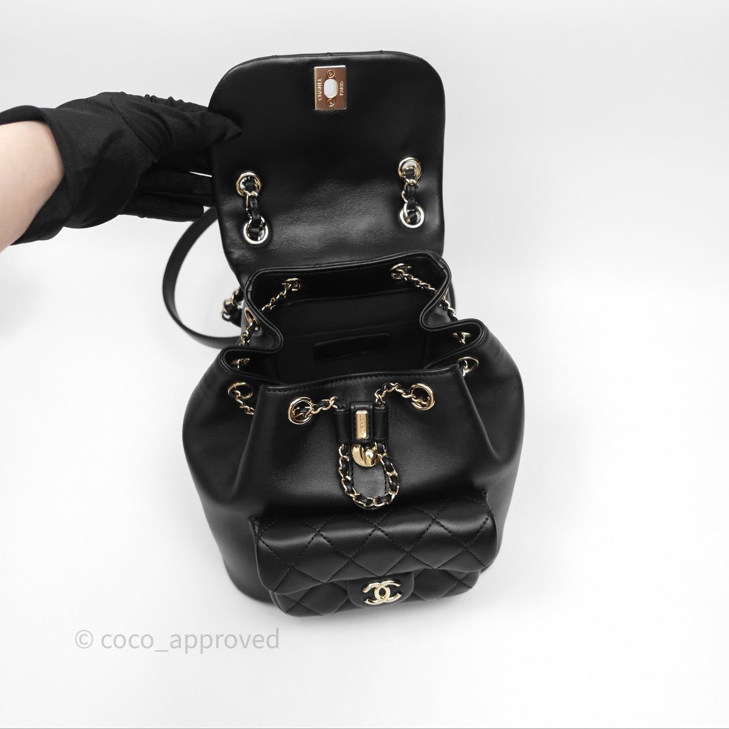 Chanel Small Duma Drawstring Backpack Black Lambskin Gold Hardware