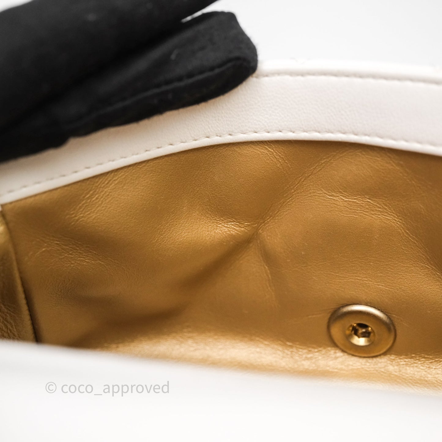 Chanel Mini Rectangular Pearl Crush Quilted White Lambskin Aged Gold Hardware