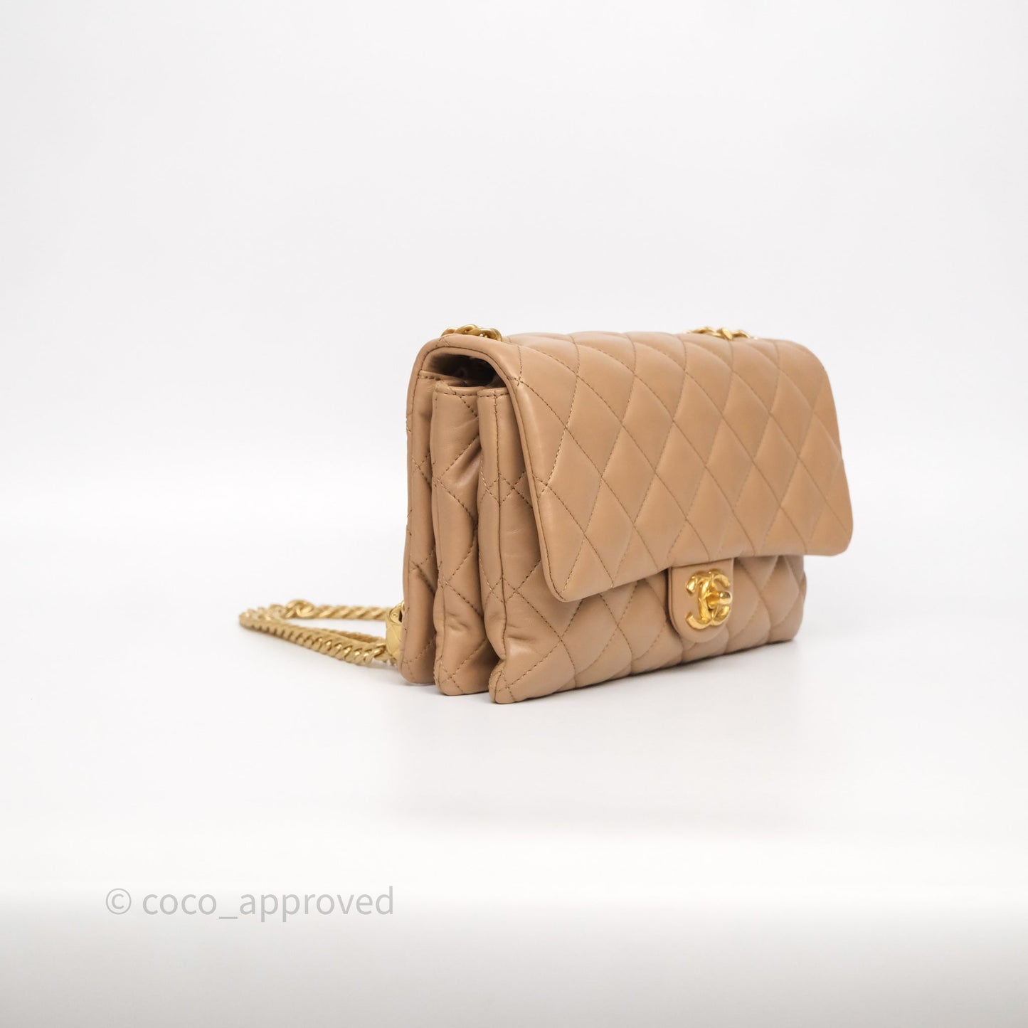 Chanel Medium All Slide Adjustable Chain Flap Bag Beige Lambskin Aged Gold Hardware