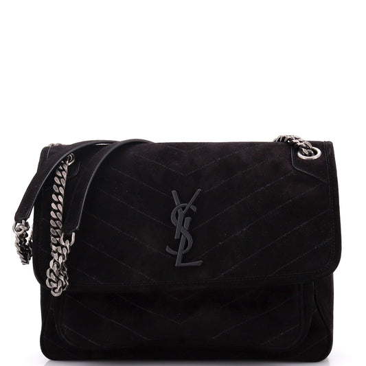 Luxury Saint Laurent Niki Chain Flap Bag Matelasse Chevron Suede Medium