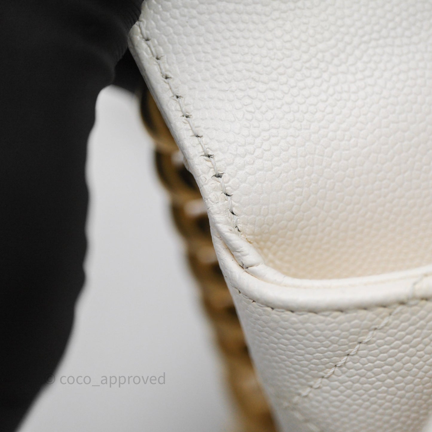 Chanel Bracelet On Chain Small Flap Bag White Caviar Aged Gold Hardware