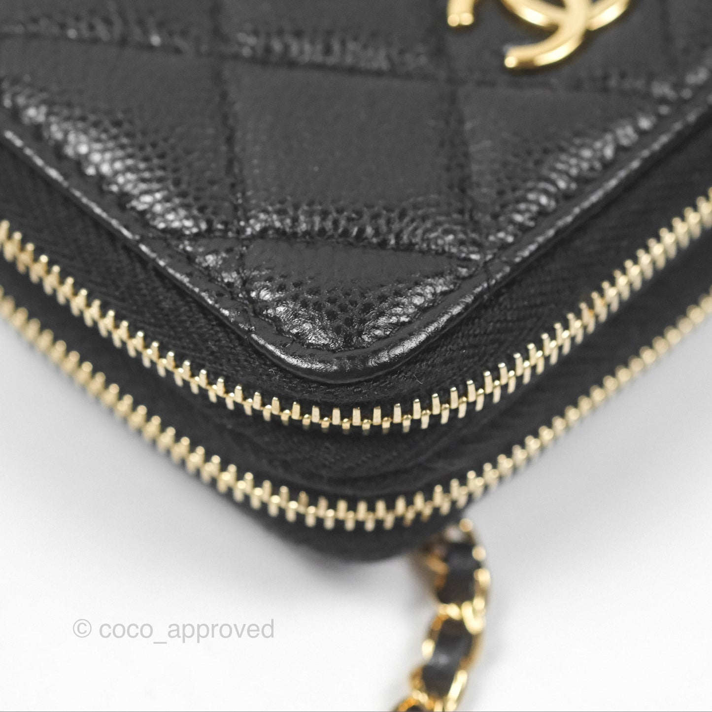 Chanel Miss Coco Quilted Zip Card Holder on Chain Black Caviar Gold Hardware