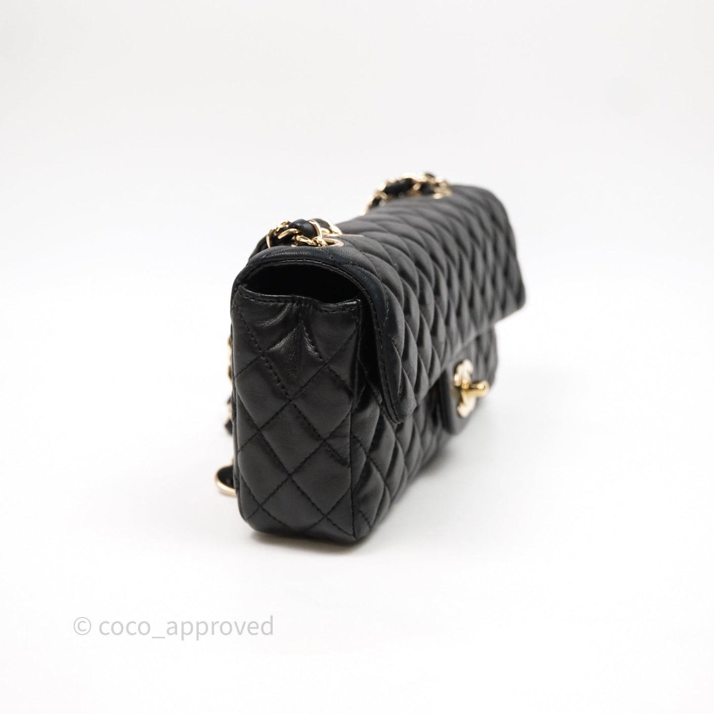 Chanel Quilted East West With Charm Flap Bag Lambskin Black Gold Hardware