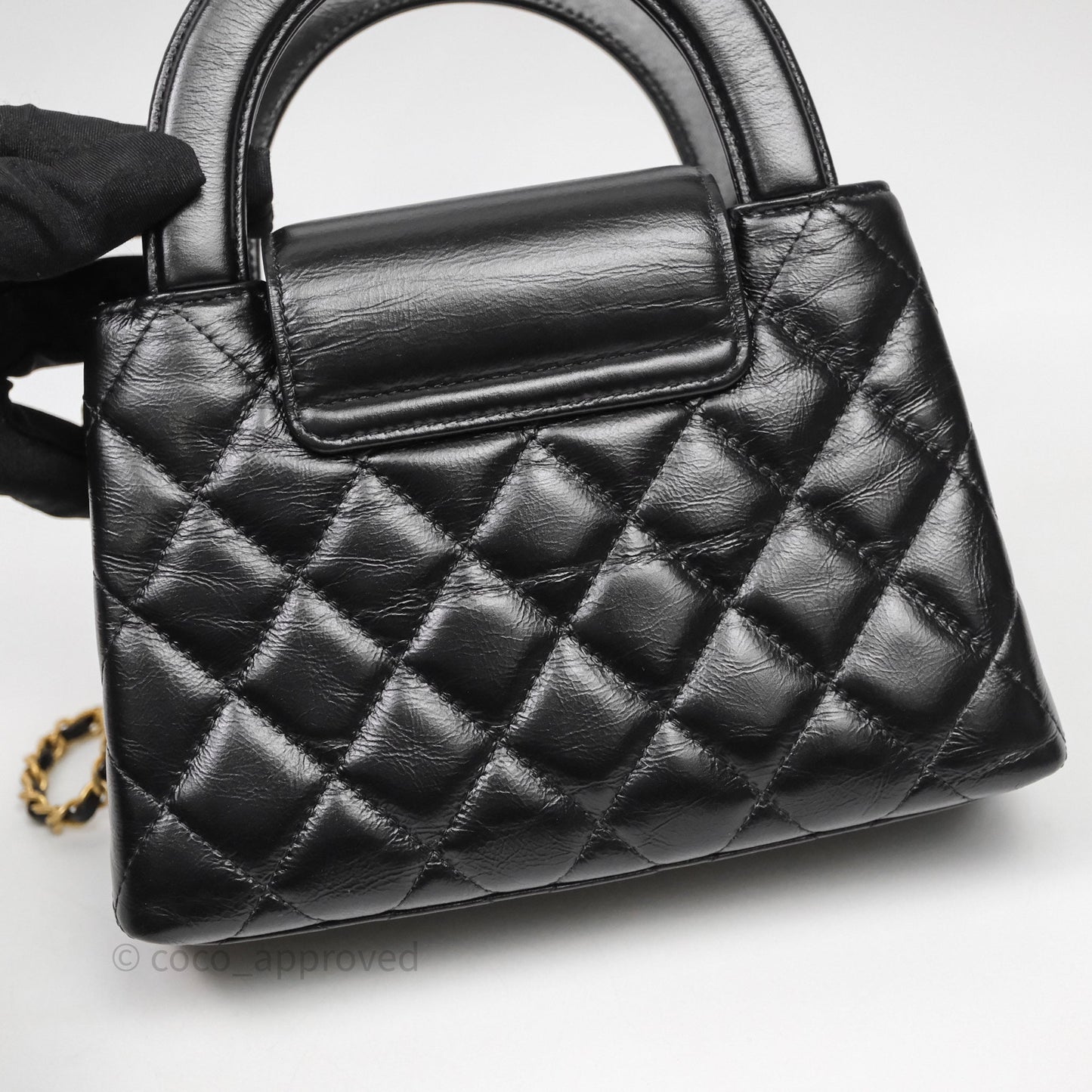 Chanel Kelly Bag Quilted Black Shiny Crumpled Calfskin Aged Gold Hardware