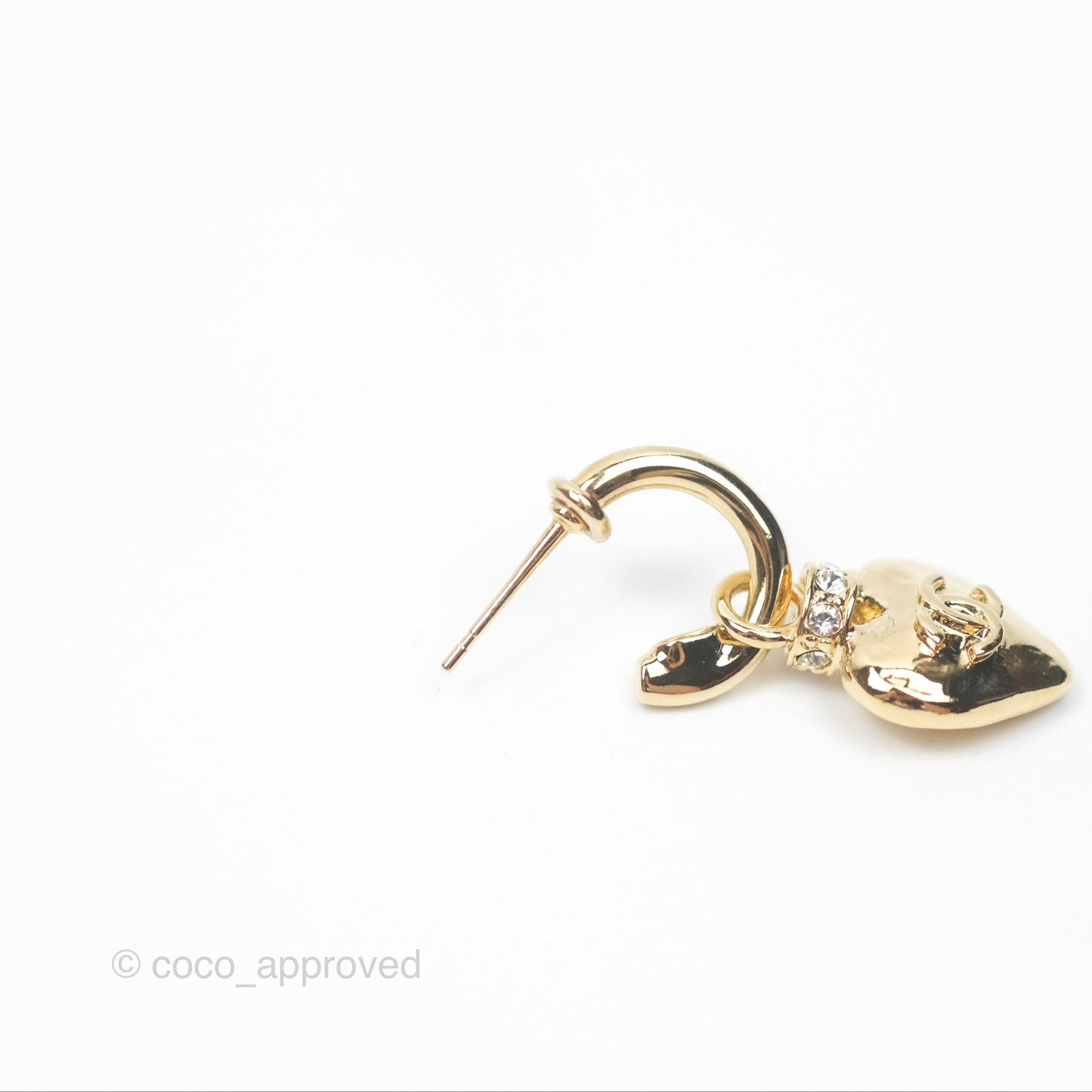 Chanel Heart CC Crystal Drop Hoop Earrings Gold Tone 24P