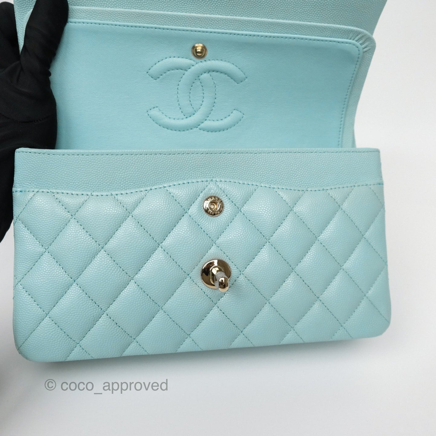 Chanel Small S/M Classic Flap Quilted Tiffany Blue Caviar Gold Hardware
