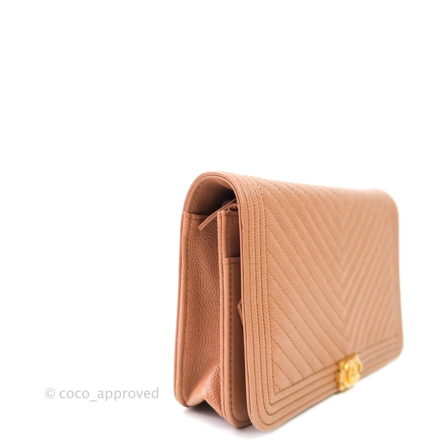 Chanel Chevron Boy Wallet on Chain WOC Dark Beige Caviar Antique Gold Hardware