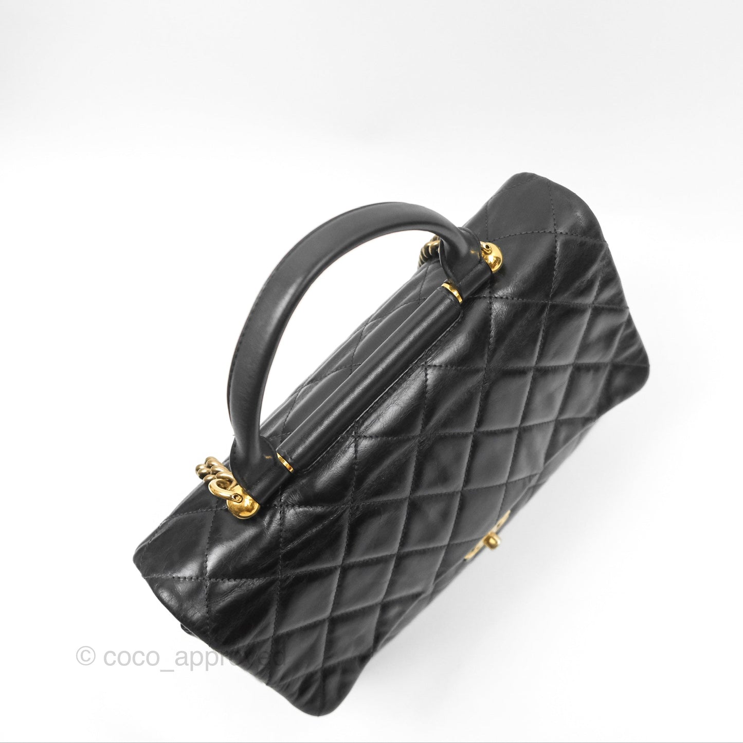 Chanel Gold Bar Top Handle Shoulder Bag Black Glazed Aged Calfskin Aged Gold Hardware