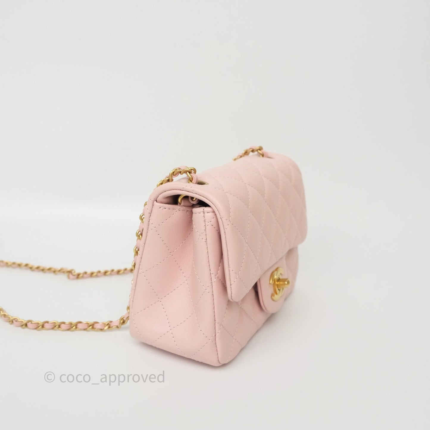 Chanel Pearl Crush Mini Square Quilted Light Pink Lambskin Aged Gold Hardware