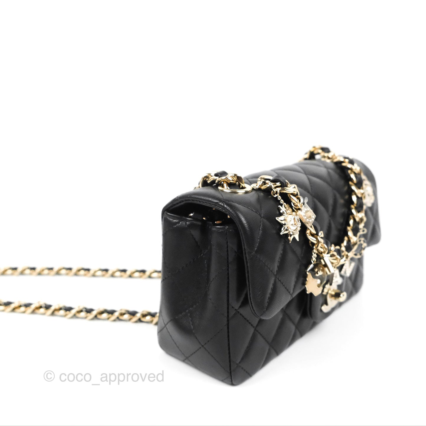 Chanel Quilted Mini Rectangular Lambskin Black Flap With Charms Gold Hardware 21C