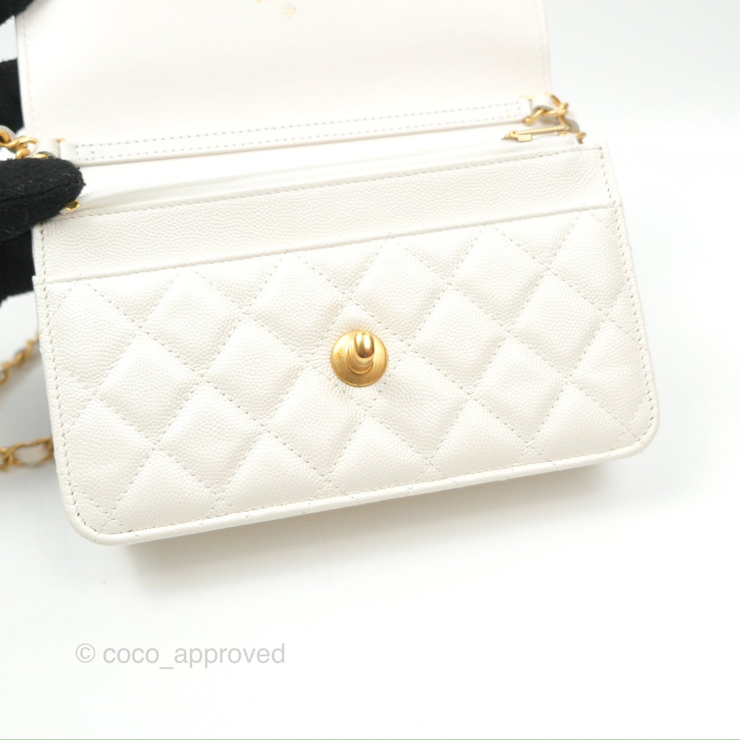 Chanel Wallet On Chain WOC Adjustable CC Chain Iridescent White Caviar Aged Gold Hardware