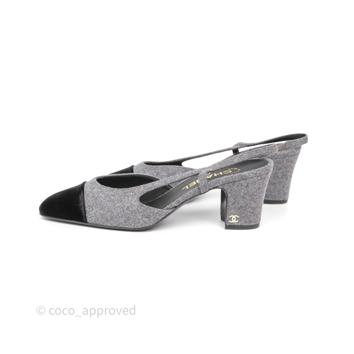 Chanel Slingbacks Heels Grey Felted/ Black Velvet Size 38