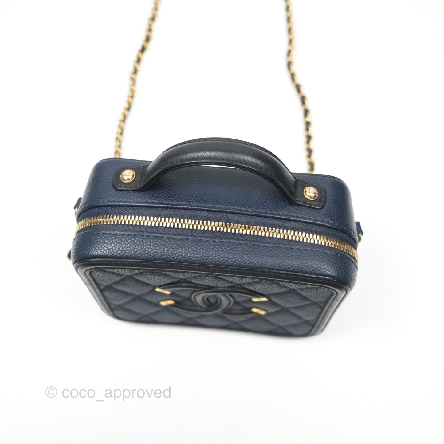Chanel Quilted Small CC Filigree Vanity Case Navy Black Caviar Gold Hardware