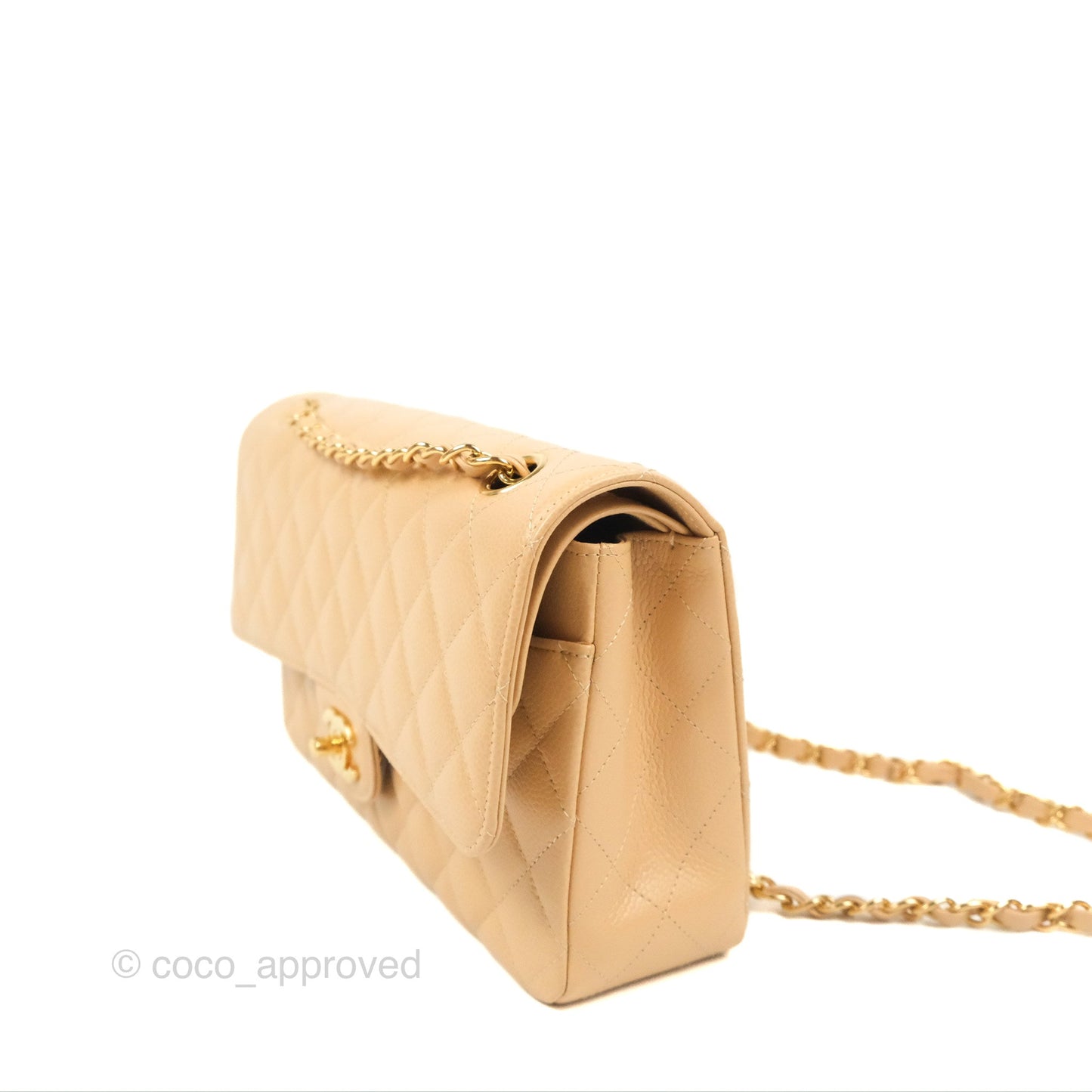 Chanel Classic M/L Medium Flap Quilted Beige Caviar Gold Hardware
