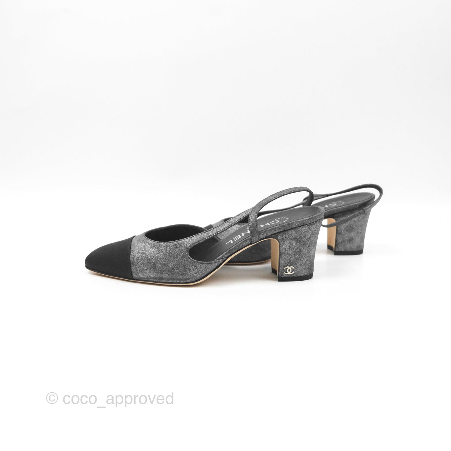 Chanel Classic Slingback Pumps Metallic Lambskin Silver Black