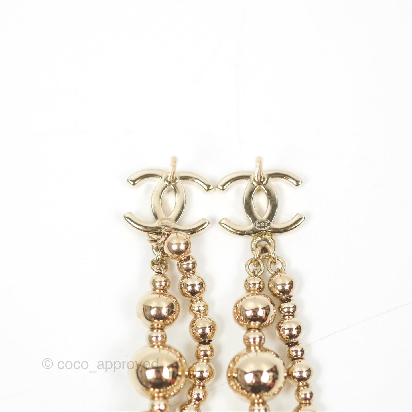 Chanel CC Bead Long Drop Earrings Gold Tone 21S