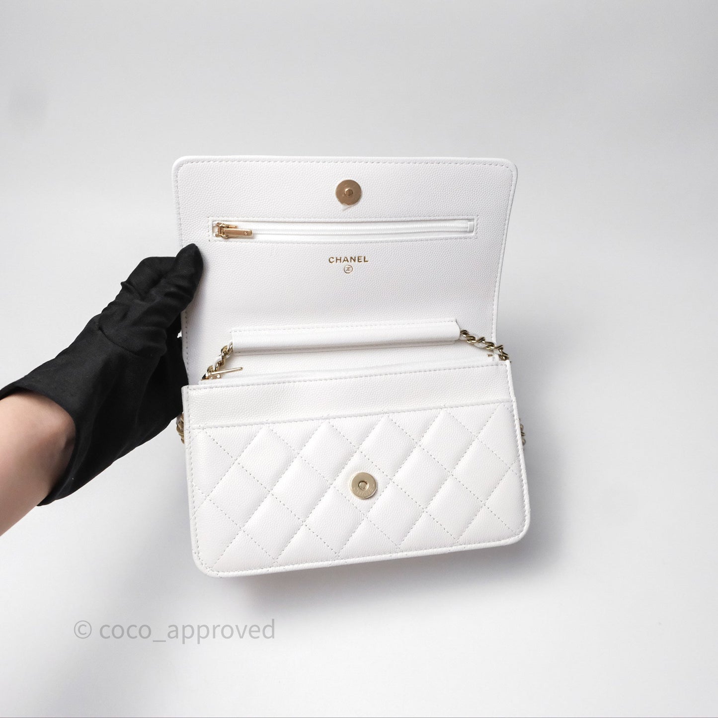 Chanel Crystal CC Wallet on Chain WOC White Caviar Gold Hardware